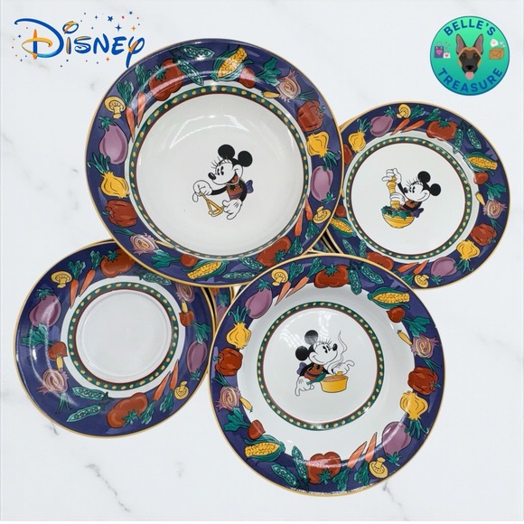 Disney Minnie Mouse Vegetable Veggie Plates & Bowls Stoneware - 12 pc Lot 3 Sets